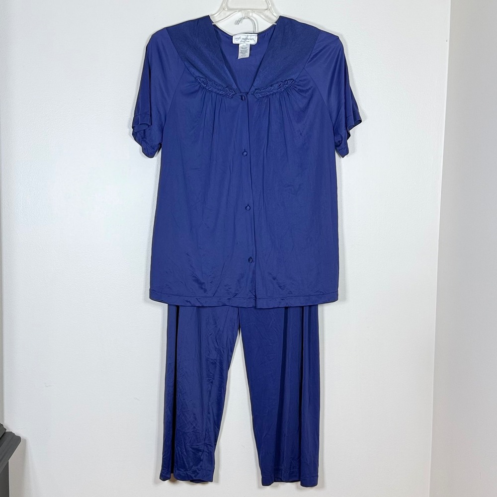 Soft Moments Womens Pajama Set Size 1X Navy Blue Nylon Vintage Loungewear Granny